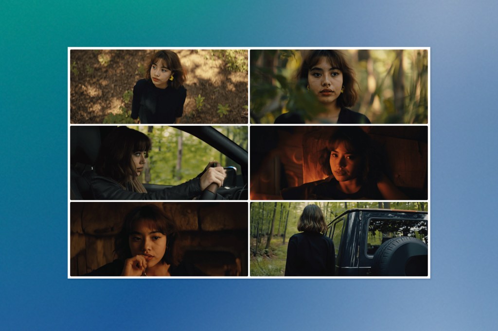 A six-panel collage showing cinematic stills from Runway's Gen-4 video generation model. A young woman appears in various scenes: walking through a forest, driving, sitting by a fire, and entering a vehicle, with rich lighting and expressive cinematography.