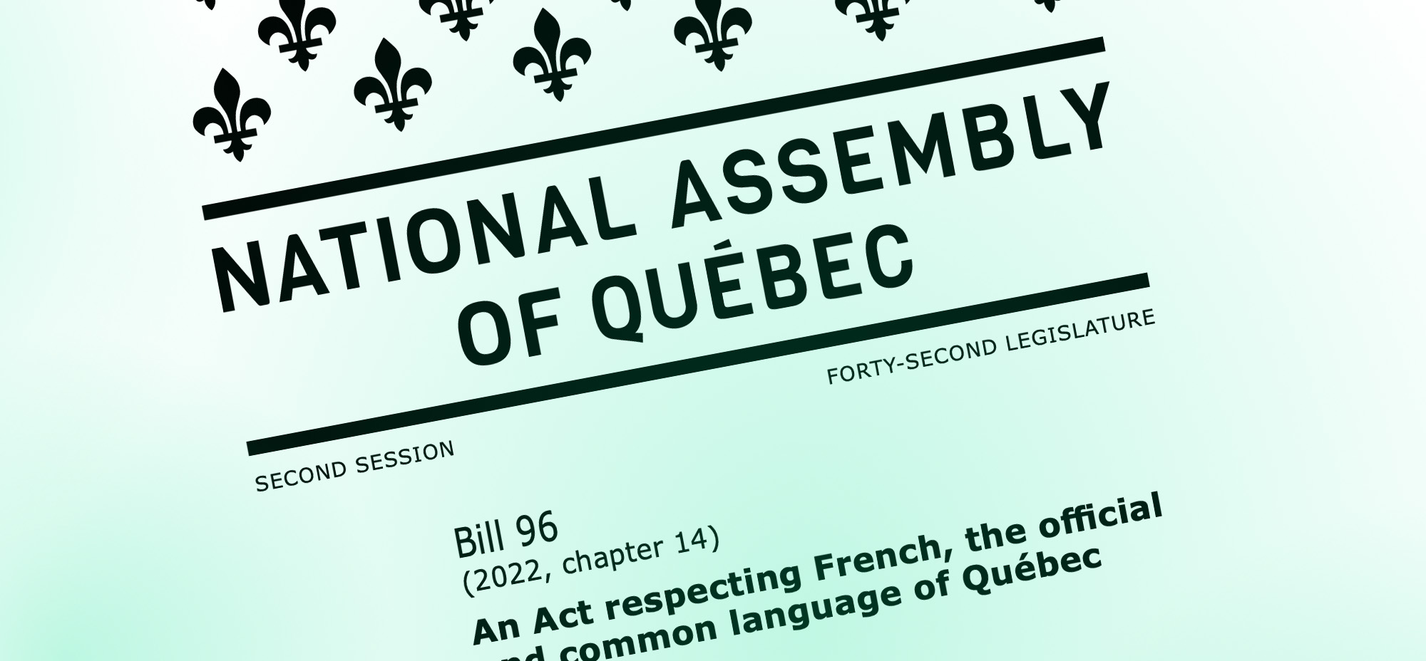 Close-up of the cover page from the National Assembly of Québec featuring Bill 96. The text references “An Act respecting French, the official and common language of Québec,” from the forty-second legislature, with fleur-de-lis symbols above the title on a light green background.