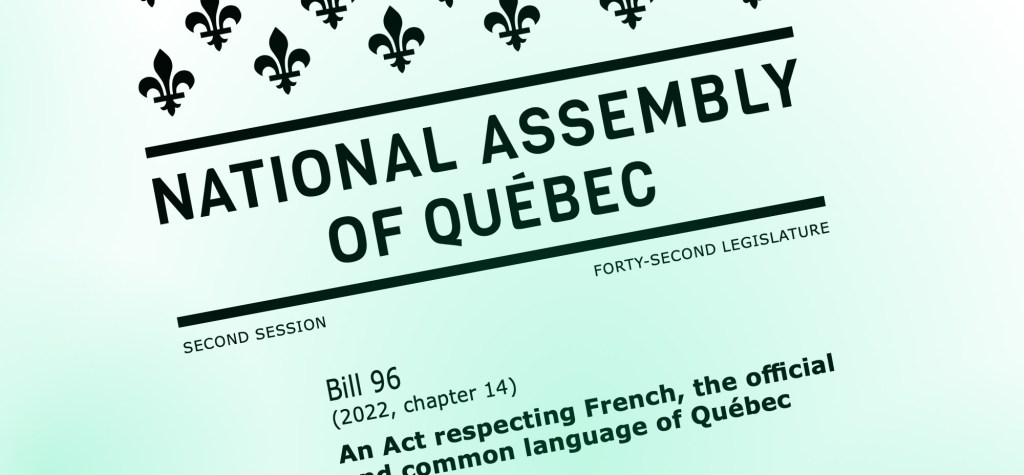 Close-up of the cover page from the National Assembly of Québec featuring Bill 96. The text references “An Act respecting French, the official and common language of Québec,” from the forty-second legislature, with fleur-de-lis symbols above the title on a light green background.
