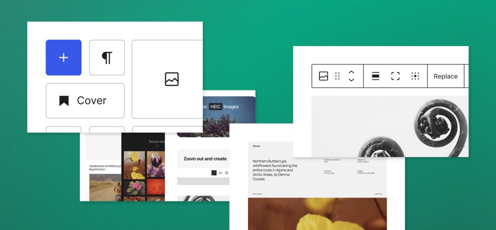 Collage of WordPress block editor interface elements, showcasing content blocks, layout options, and sample page designs on a green background.