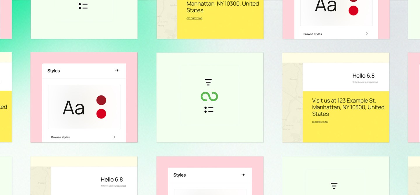 Collage-style layout showcasing design elements from WordPress 6.8. It features panels with interface previews such as style selection tools, typographic options, and a sample address block in vibrant pastel colours like yellow, mint green, and pink.