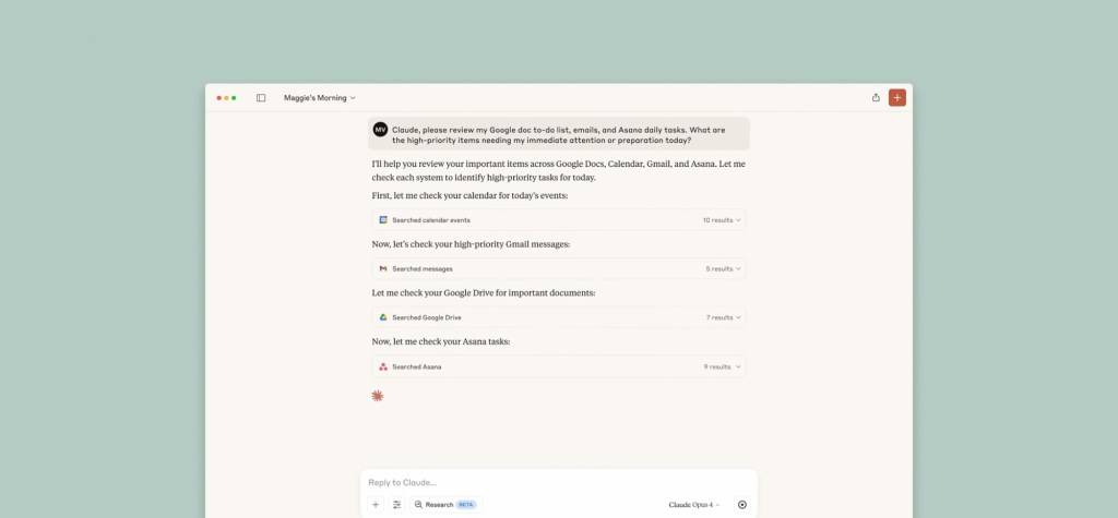 A screenshot of a digital assistant interface labelled "Maggie's Morning" where Claude is reviewing tasks from Google Calendar, Gmail, Google Drive, and Asana to identify high-priority items. The assistant outlines steps and results from each platform.
