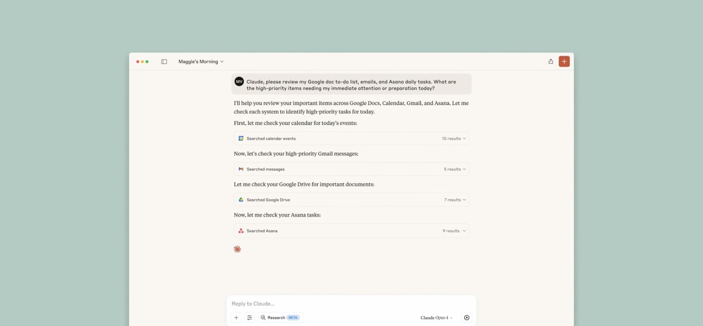 A screenshot of a digital assistant interface labelled "Maggie's Morning" where Claude is reviewing tasks from Google Calendar, Gmail, Google Drive, and Asana to identify high-priority items. The assistant outlines steps and results from each platform.