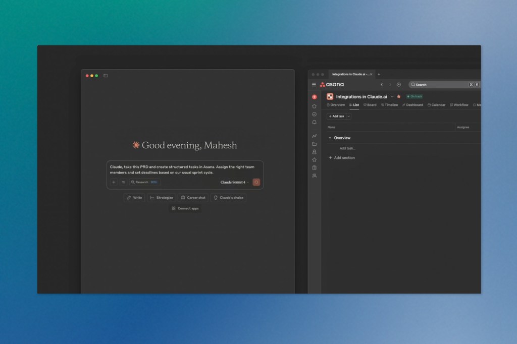 Side-by-side dark mode interfaces showing Claude being prompted to convert a product requirements document (PRD) into structured Asana tasks and the corresponding Asana workspace ready to receive the tasks.