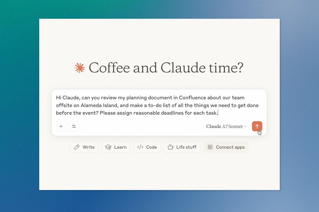 Interface showing a Claude AI prompt input field with the message “Coffee and Claude time?” where a user asks for a task list and deadlines. Icons for writing, learning, coding, and life organization appear below.