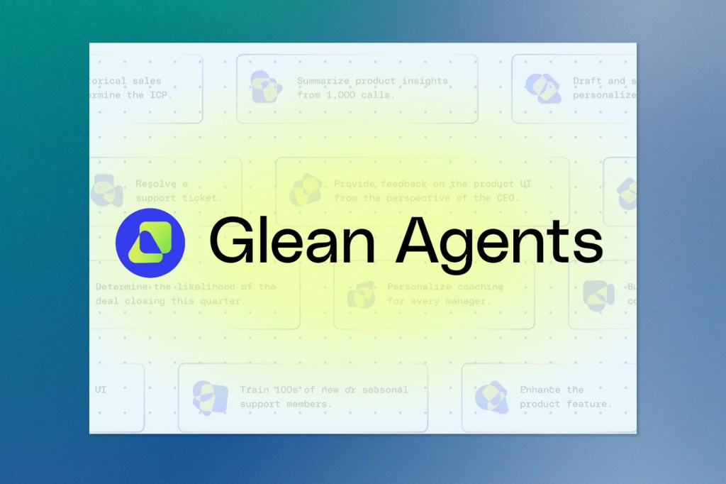 Glean Agents promotional graphic with the Glean logo and name in bold text. Background includes faint outlines of various use cases for enterprise AI agents, such as summarizing calls and resolving tickets.