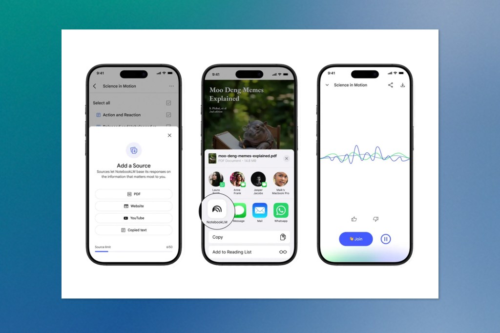 Three smartphone screens displaying the NotebookLM app interface: adding a source, sharing content, and a waveform visualization for interactive feedback.