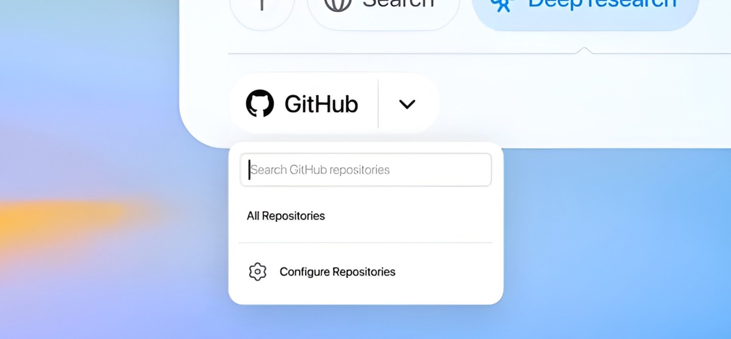 Search and configuration menu for GitHub repositories integrated within ChatGPT’s deep research interface.