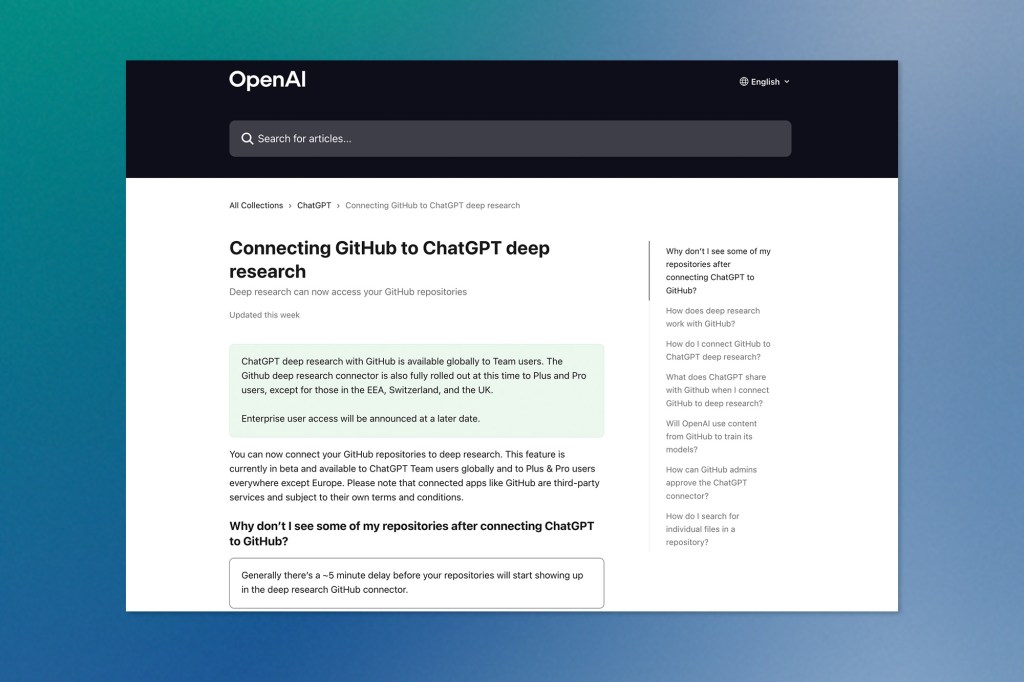 OpenAI support page titled ‘Connecting GitHub to ChatGPT deep research,’ explaining access for Plus, Pro, and Team users.