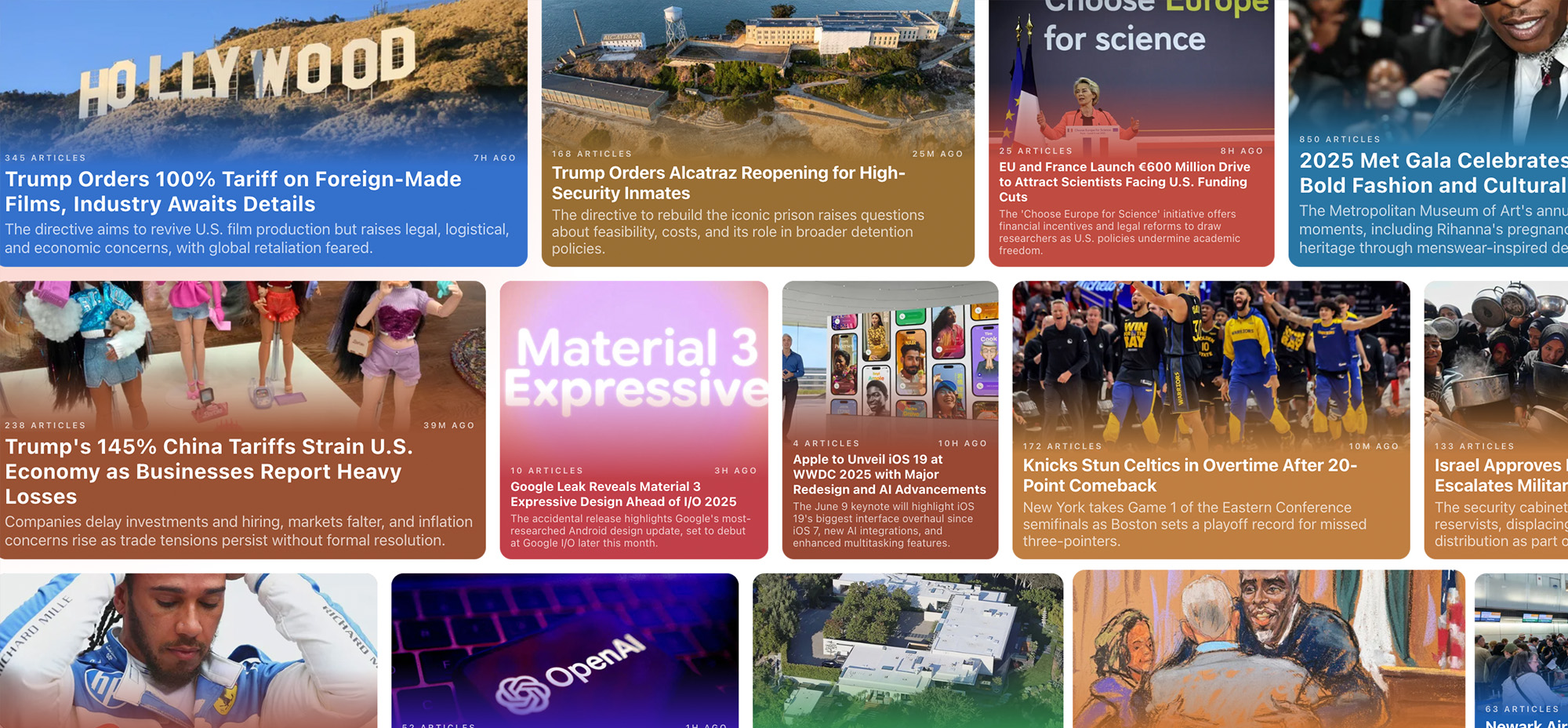 Grid of colourful news tiles featuring tech, policy, fashion, and economic headlines from Particle News, including prominent articles on tariffs, AI, and entertainment.