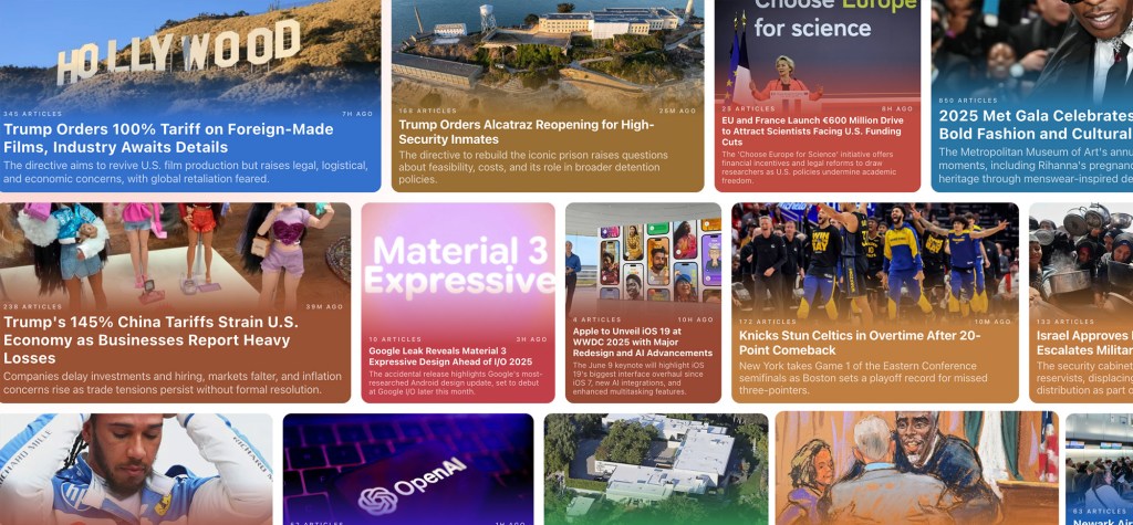 Grid of colourful news tiles featuring tech, policy, fashion, and economic headlines from Particle News, including prominent articles on tariffs, AI, and entertainment.