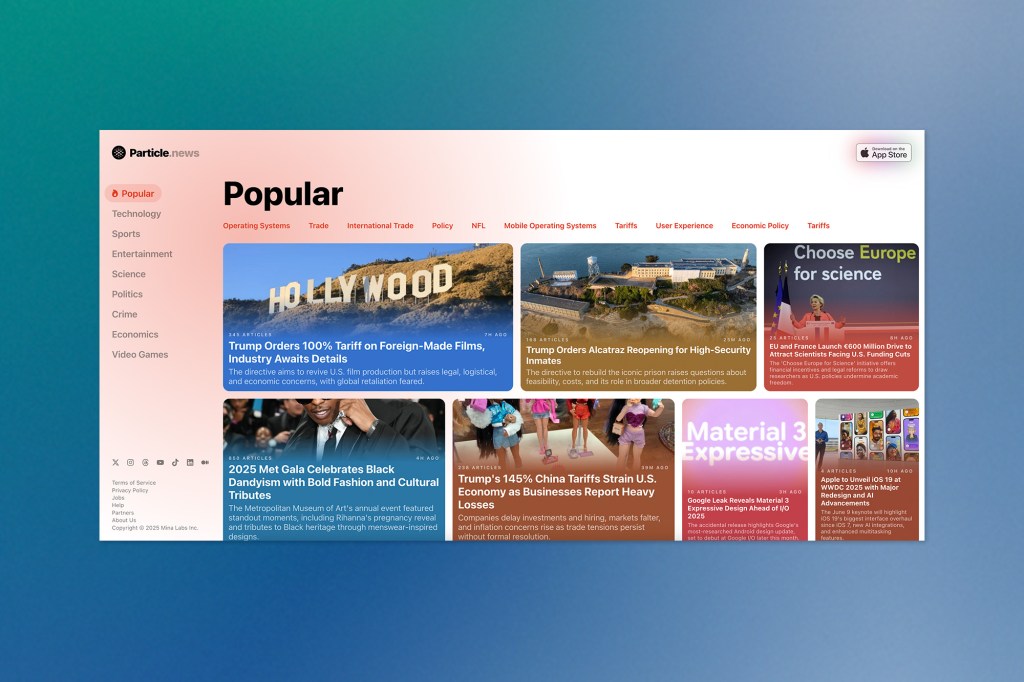Particle News website displaying a “Popular” news section with categories like Technology, Trade, and Science, and headlines about tariffs, policy changes, and major events.