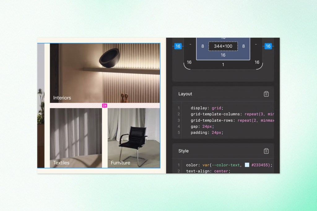 Figma Dev Mode showing a 3-column layout with CSS grid properties and spacing guides, alongside a visual of a design featuring “Interiors,” “Textiles,” and “Furniture.”