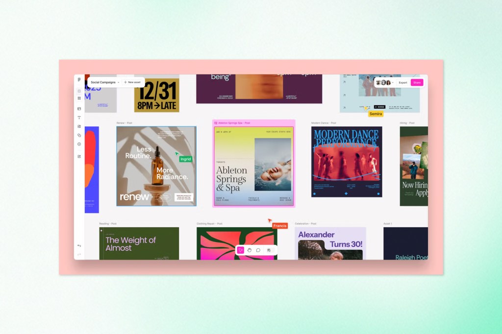A Figma workspace showcasing a campaign titled “Social Campaigns,” with various design assets laid out as posters and social media graphics.