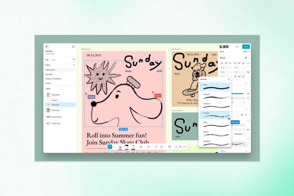 A collaborative Figma design session featuring a hand-drawn illustration of a dog and a sun, part of a newsletter for “Sunday Skate Club.”
