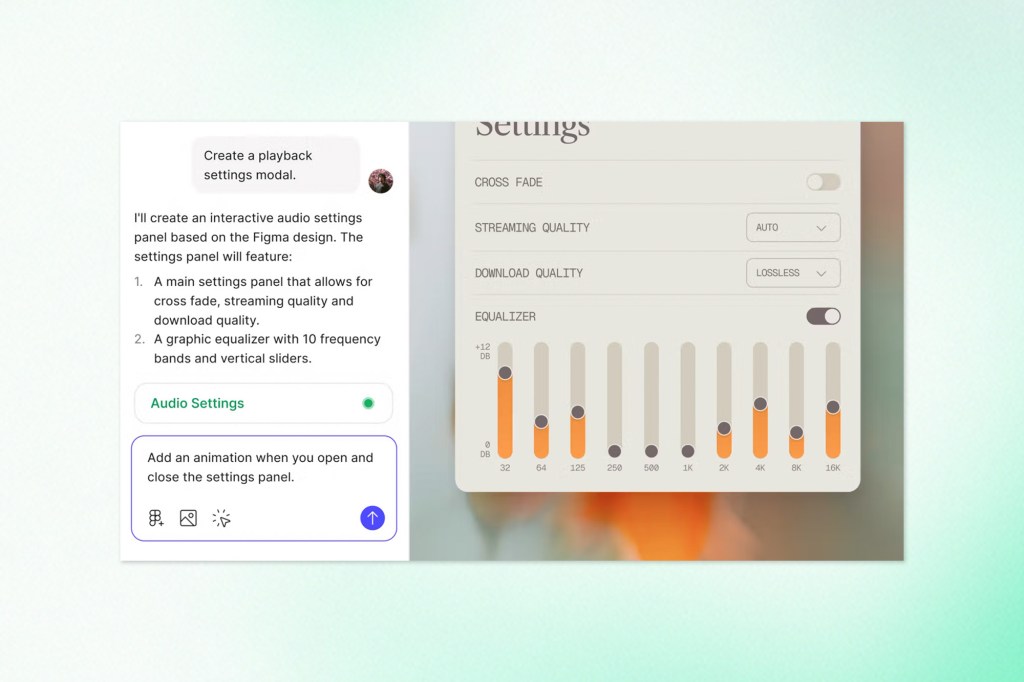 A split view of a message prompt and a settings panel mockup. The message describes creating an interactive audio settings modal with equalizer controls and animation triggers for panel interactions.