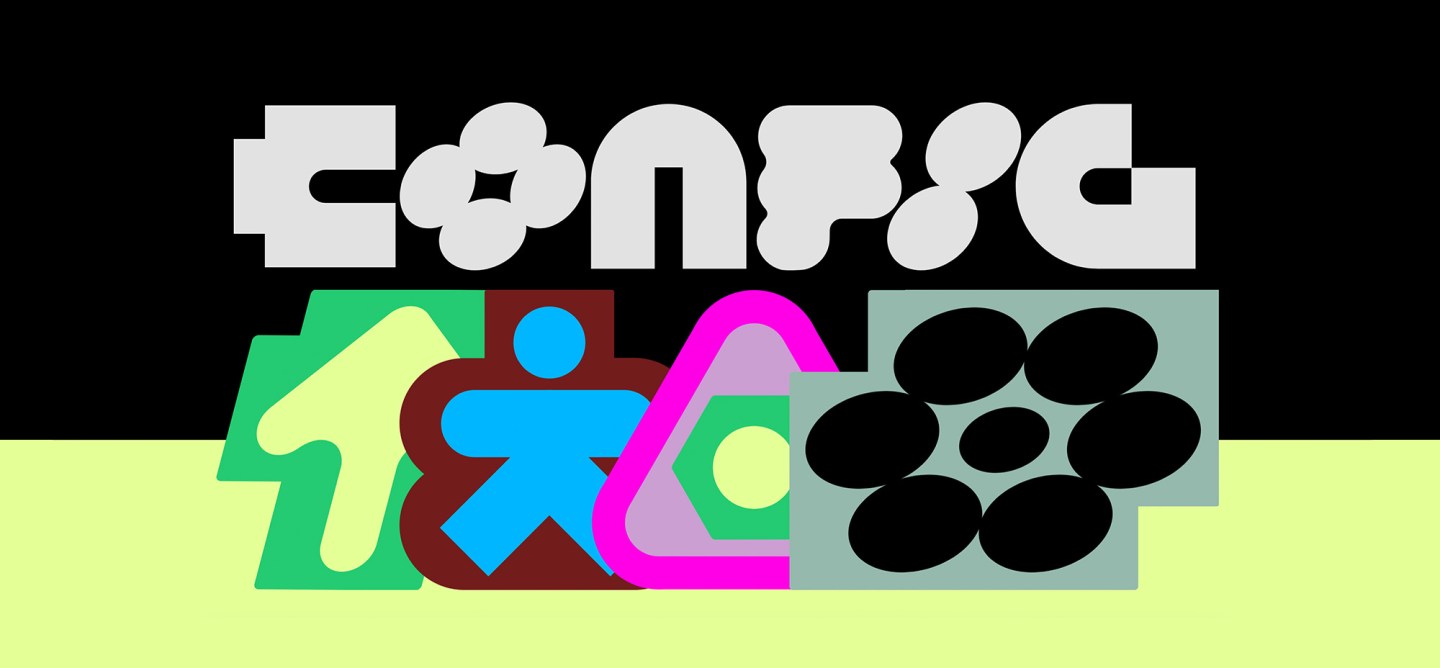 A bold graphic promoting Figma Config 2025. The word "Config" appears in a futuristic, blocky font above abstract colourful shapes representing icons or features.