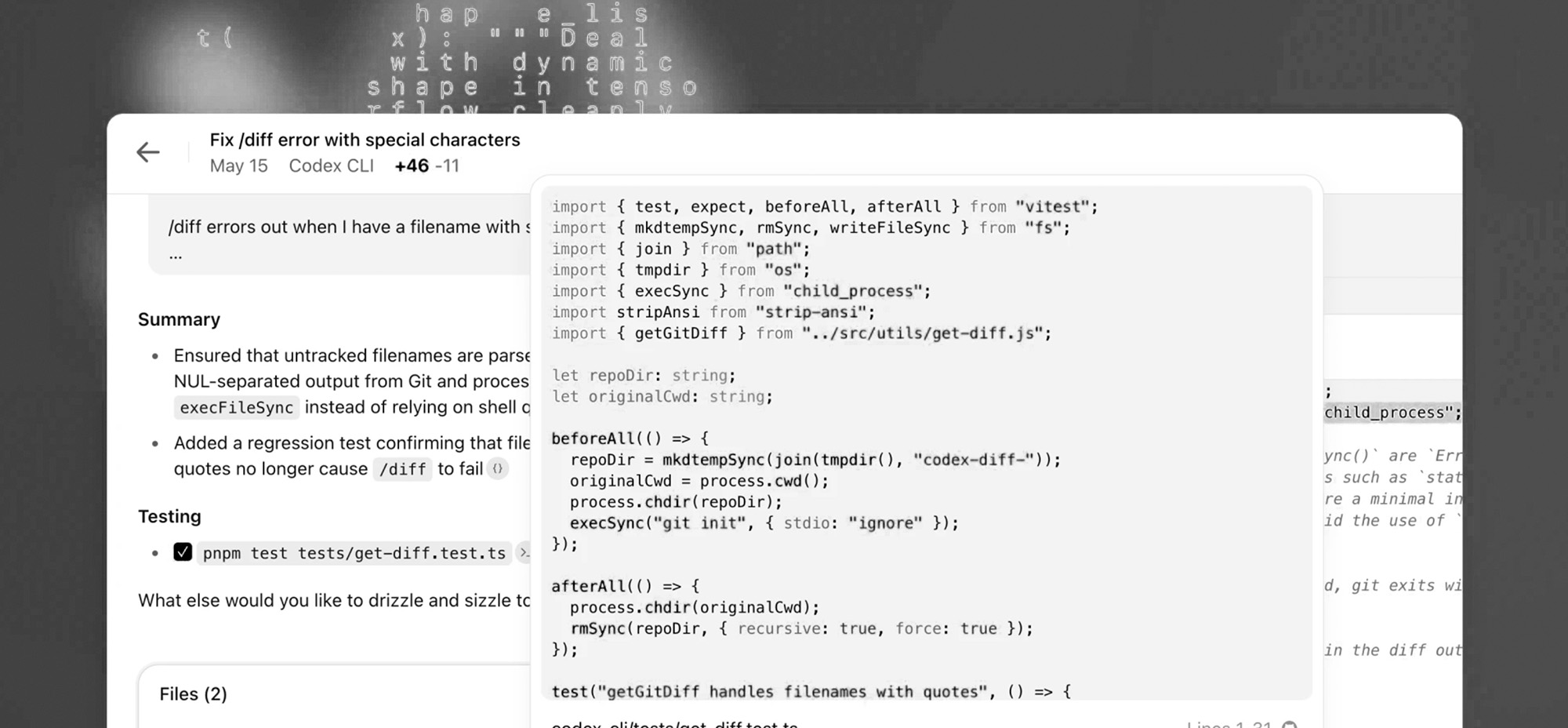 A developer interface displays a bug fix summary and code snippet related to Git CLI error handling. The layout includes code highlighting and testing status, representing automated development workflows.