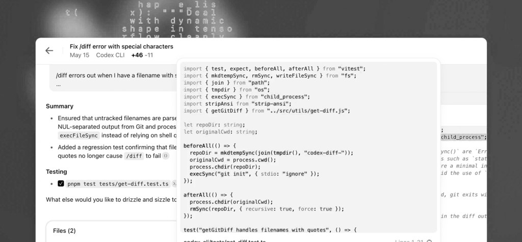 A developer interface displays a bug fix summary and code snippet related to Git CLI error handling. The layout includes code highlighting and testing status, representing automated development workflows.