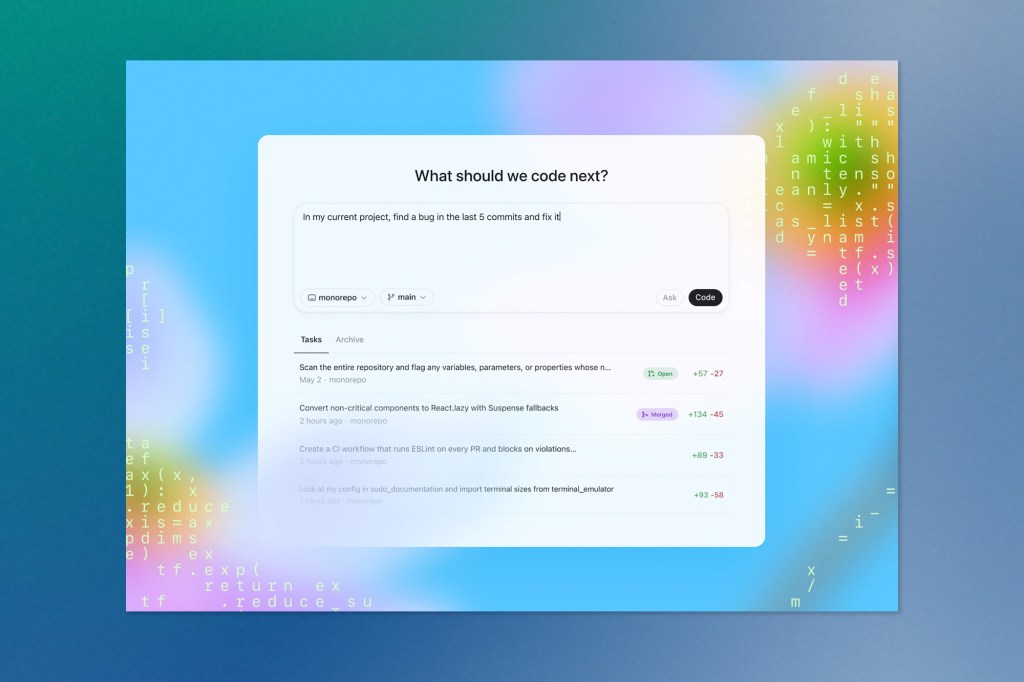 An interactive AI programming assistant interface asks: “What should we code next?” followed by a list of recent tasks with status labels like “Open” and “Merged.” A rainbow gradient and coding syntax surround the screen.
