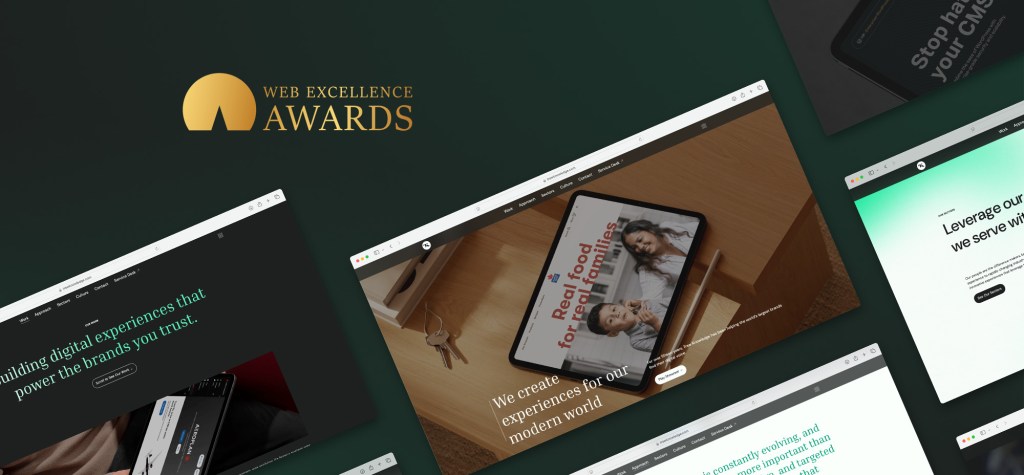 A dark green background displays the gold Web Excellence Awards logo above a spread of web design mockups. The featured websites showcase modern UI elements, sleek layouts, and real-world brand examples.