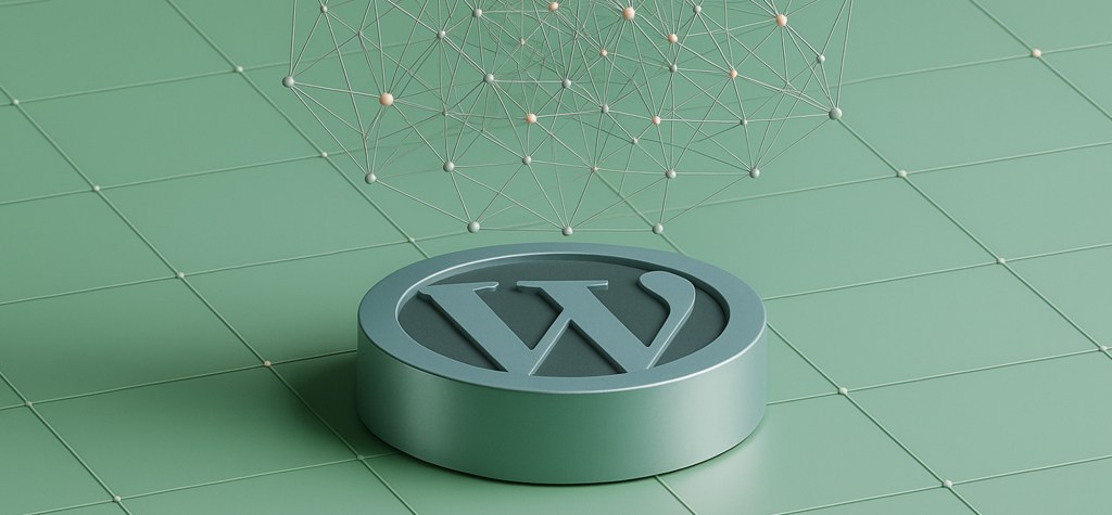 A 3D-rendered green tile background with a raised WordPress logo in the centre. Above it, a network of interconnected nodes floats, representing artificial intelligence or neural networks, suggesting the integration of AI within WordPress.
