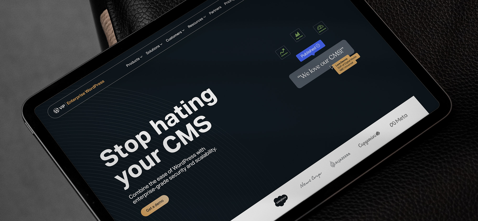 Tablet screen displaying WordPress VIP’s “Stop hating your CMS” campaign, highlighting enterprise CMS benefits.