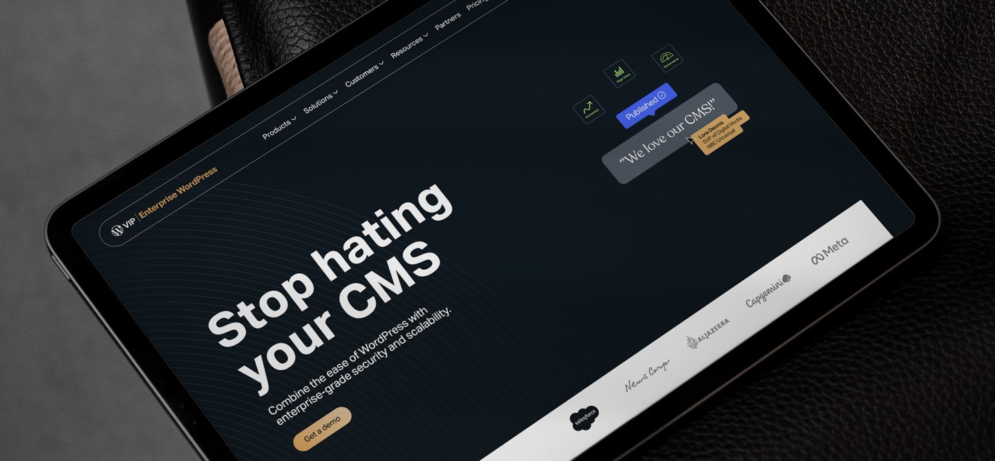 Tablet screen displaying WordPress VIP’s “Stop hating your CMS” campaign, highlighting enterprise CMS benefits.