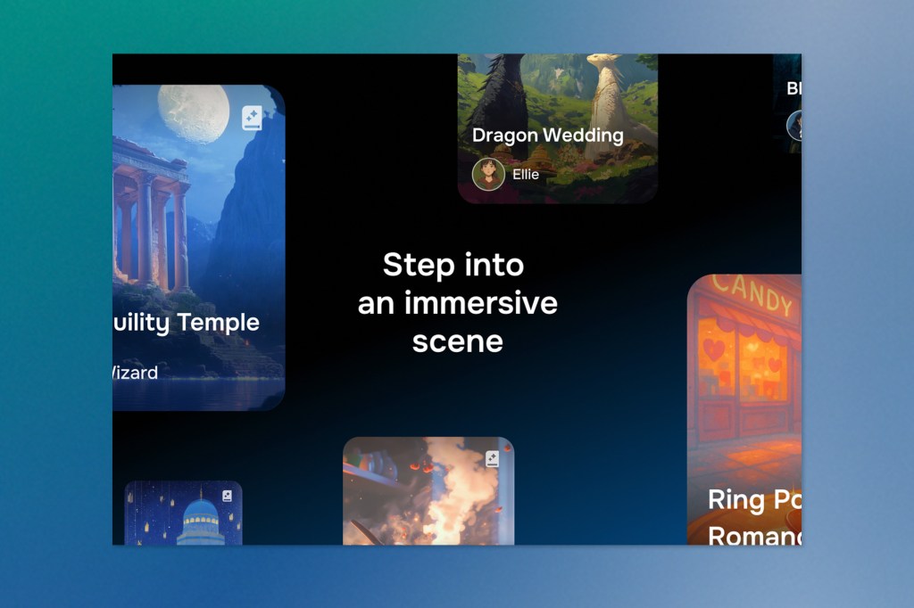 A collage of immersive scene previews from Character.AI, featuring titles like “Tranquility Temple,” “Dragon Wedding,” and “Ring Pop Romance,” overlaid with the phrase “Step into an immersive scene.”