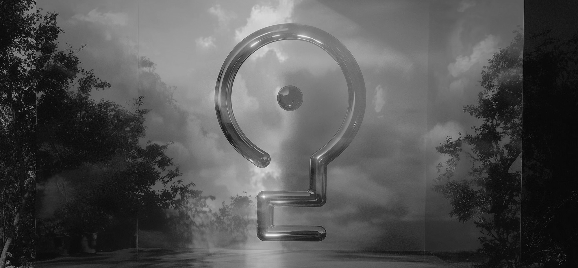 A surreal 3D logo shaped like a stylized question mark or keyhole floats in a cloudy, dreamlike landscape surrounded by trees, rendered in grayscale.