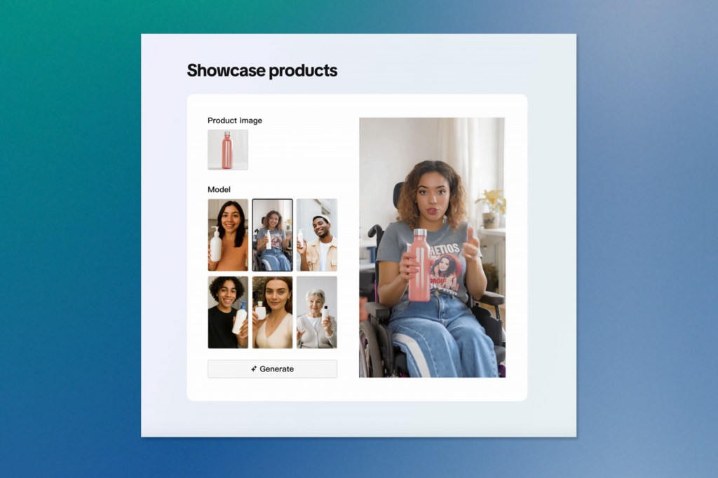 A product mockup interface shows a pink bottle and several model portraits. On the right, a generated image depicts a woman in a wheelchair holding the product. A “Generate” button is visible below.