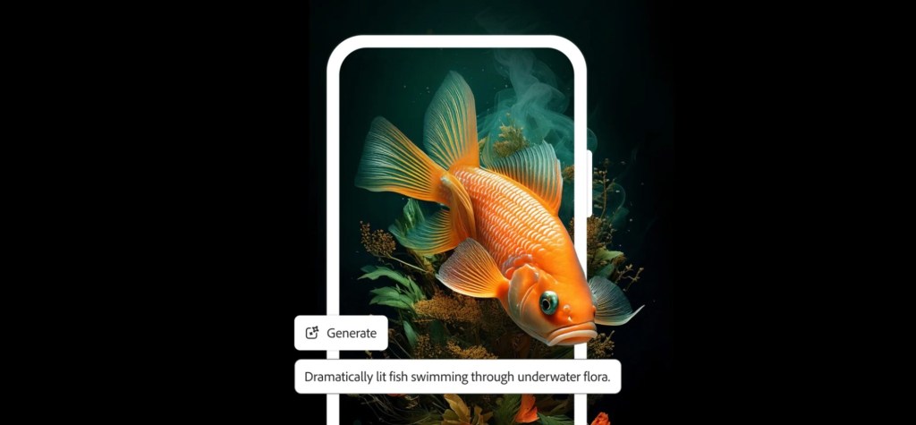 A vibrant orange fish with flowing fins swims through detailed underwater flora, framed within a smartphone screen. A floating prompt reads: “Dramatically lit fish swimming through underwater flora.