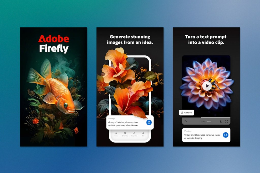 Three panels showcasing Adobe Firefly's features: the first shows a goldfish among plants, the second displays orange hibiscus flowers with the text “Generate stunning images from an idea,” and the third turns a flower prompt into a short video clip.