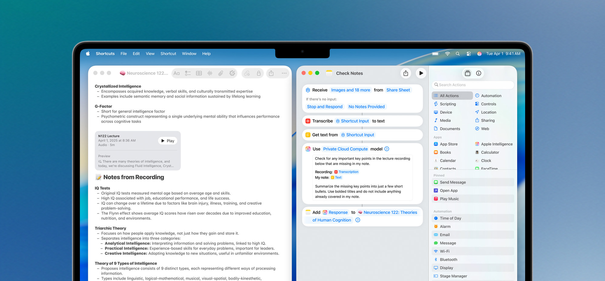 Apple’s Shortcuts app open on a MacBook, with a dual-pane layout. The left side shows lecture notes on intelligence theories, while the right side displays automation tools including transcription and AI-generated bullet points.