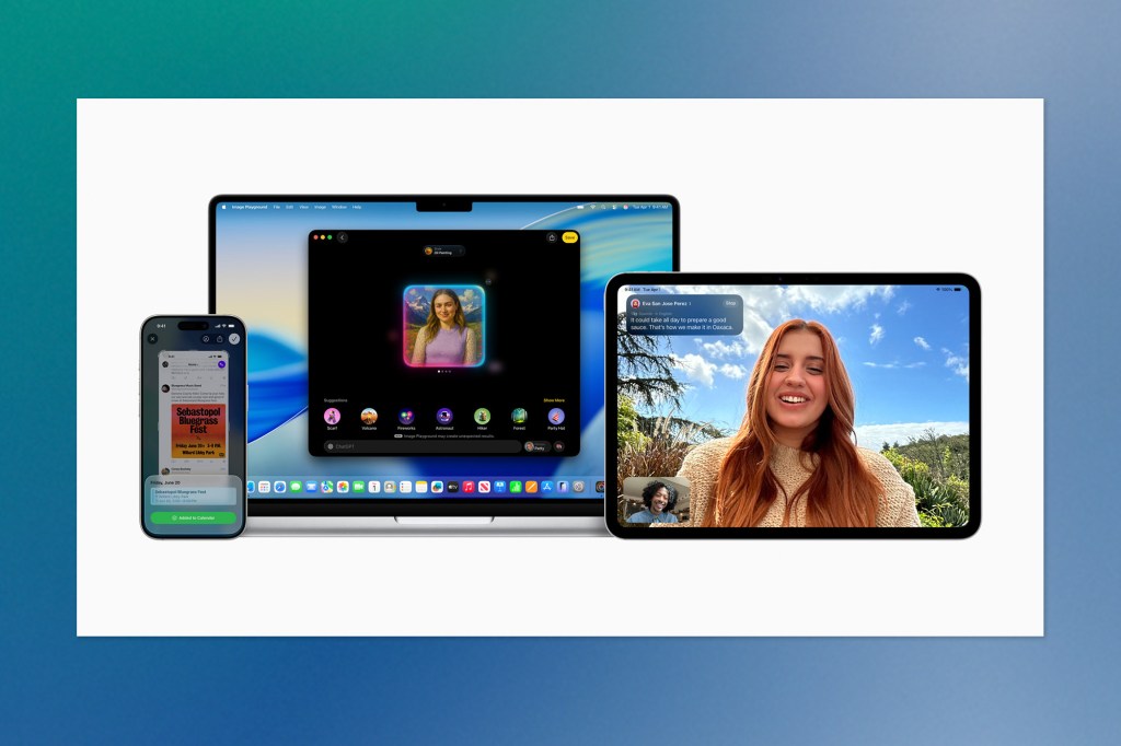 A lineup of Apple devices including a MacBook, iPad, and iPhone. Each screen showcases new AI-powered features such as smart calendar suggestions, video calls with on-screen transcripts, and app integrations.