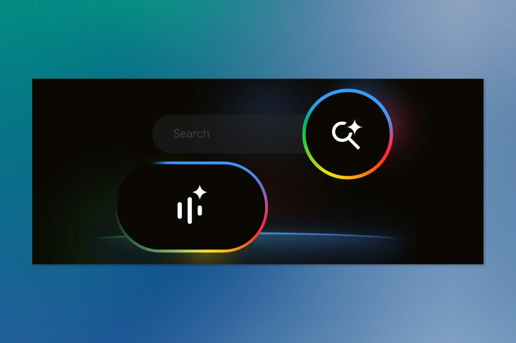 Digital search interface with glowing icons representing voice and visual search on a dark, gradient background.
