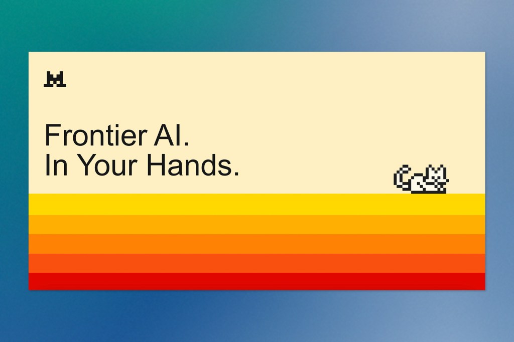 A graphic with the text “Frontier AI. In Your Hands.” on a cream background with red, orange, and yellow horizontal stripes. A pixel-style cat illustration sits in the bottom right corner, evoking a retro computing aesthetic.