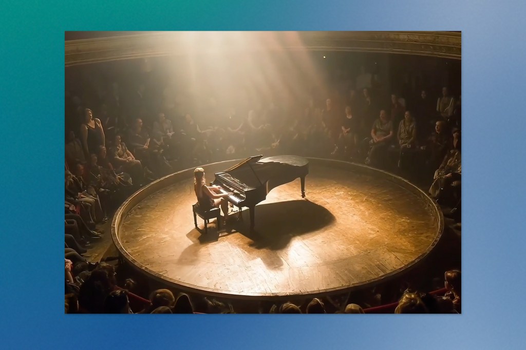 A woman performs on a grand piano under a spotlight in the centre of a circular wooden stage, with audience members seated all around in a dimly lit theatre setting.