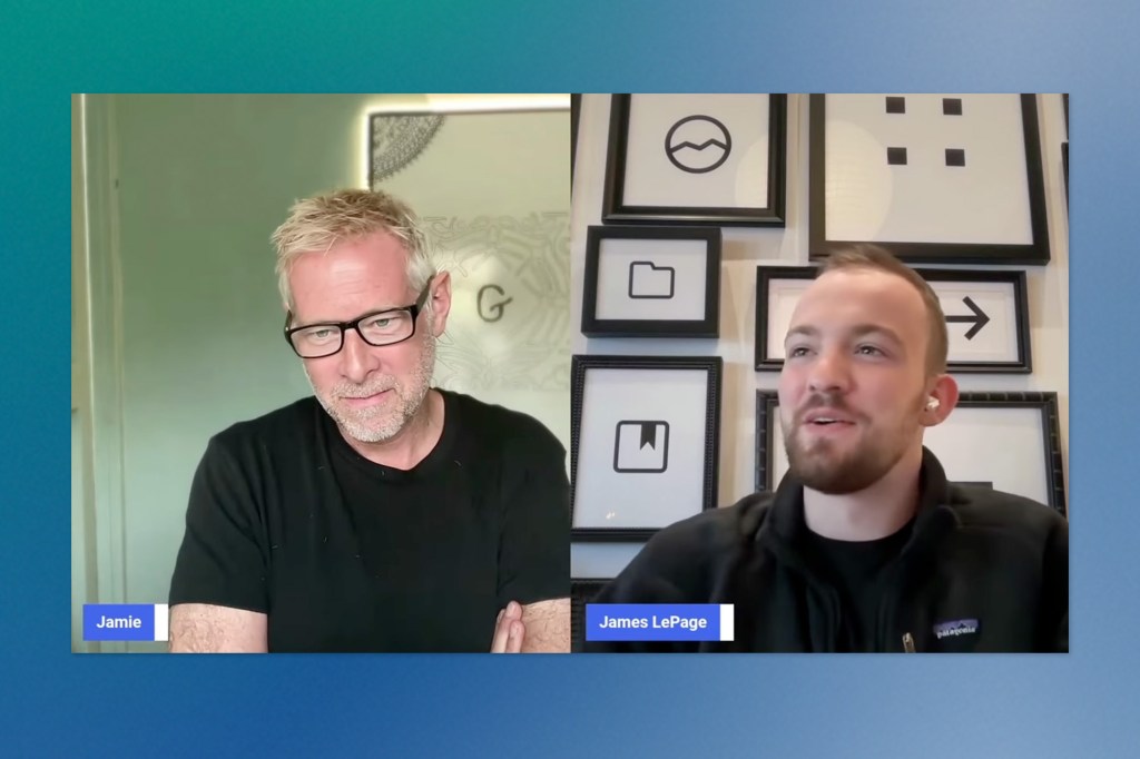 split-screen video interview featuring two men. The left man, labeled “Jamie,” has light hair and wears glasses and a black shirt. The right man, “James LePage,” speaks in front of a wall with minimalist framed icons.