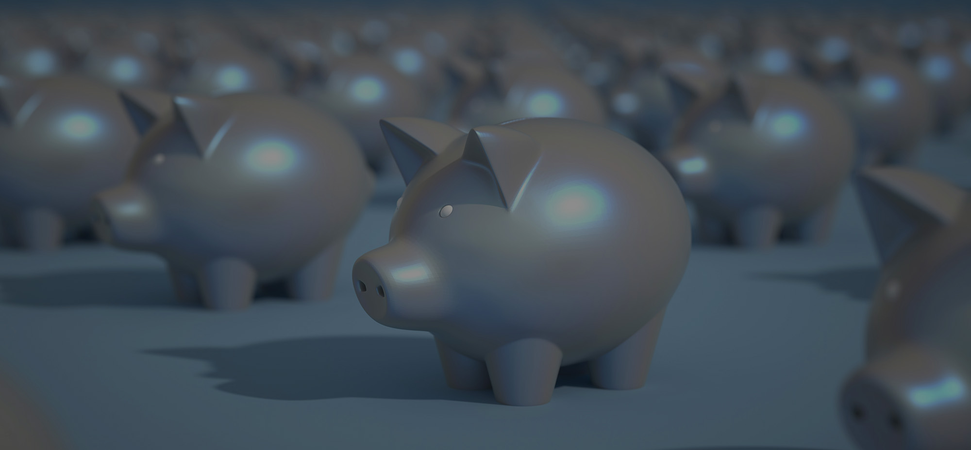 A group of glossy grey piggy banks fills the background, with one in the foreground standing slightly apart to represent cost comparisons or financial differentiation.