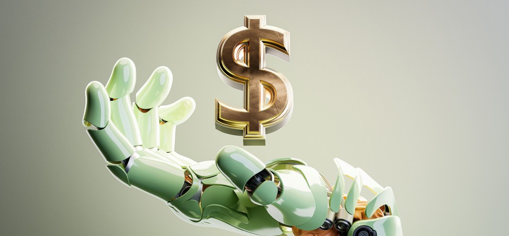 A close-up 3D rendering of a glossy robotic hand reaching toward a large golden dollar symbol suspended in the air, set against a minimalist light grey background.