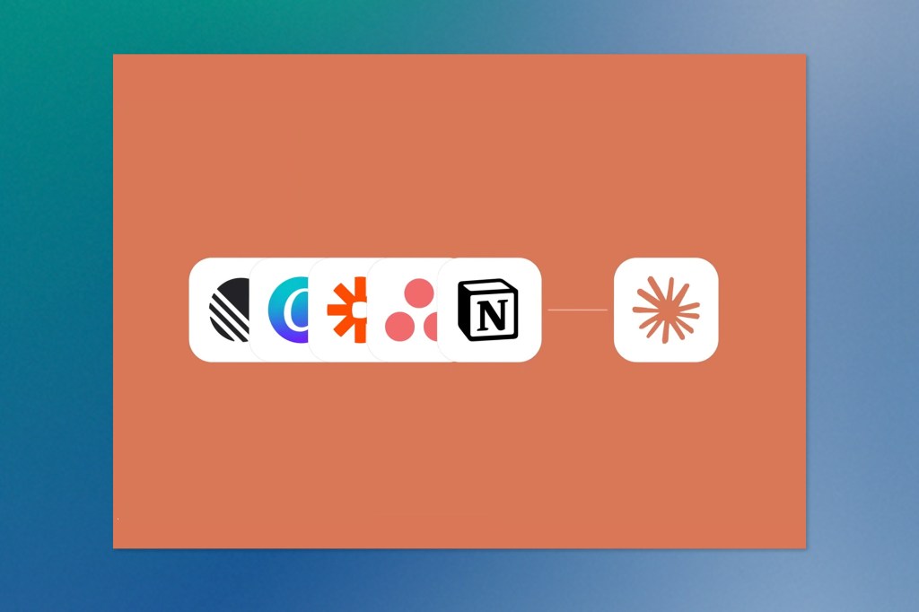 Illustration showing app icons in a horizontal sequence against an orange background. The flow includes logos for Notion, Zapier, and other productivity tools, leading to a final icon resembling an abstract burst.