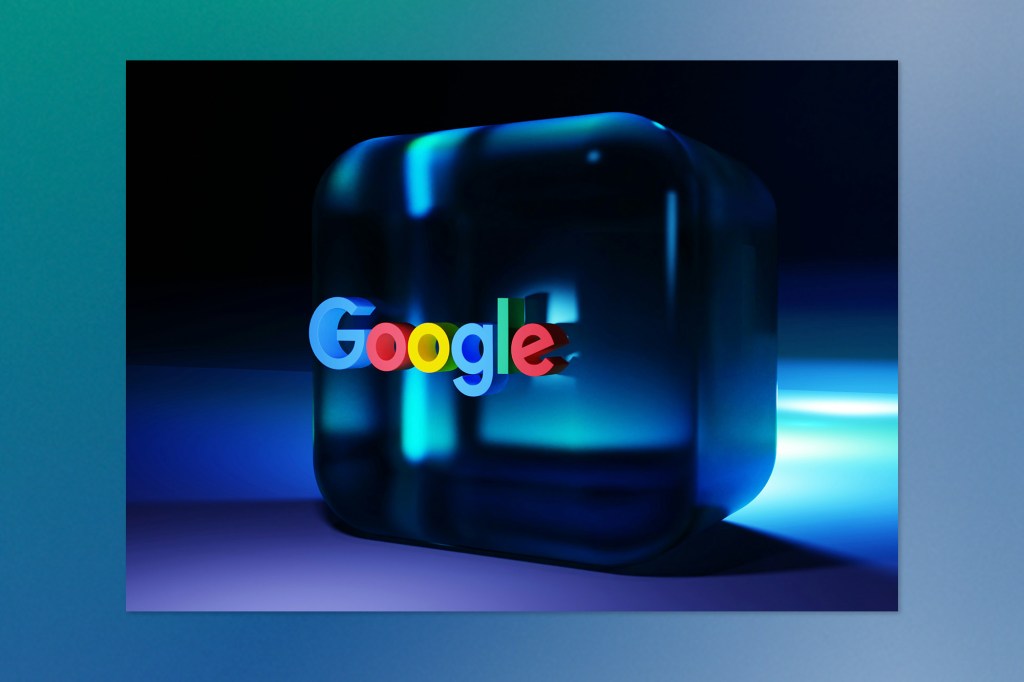 A glossy 3D cube featuring the Google logo, glowing with blue and cyan highlights in a dark, futuristic setting.