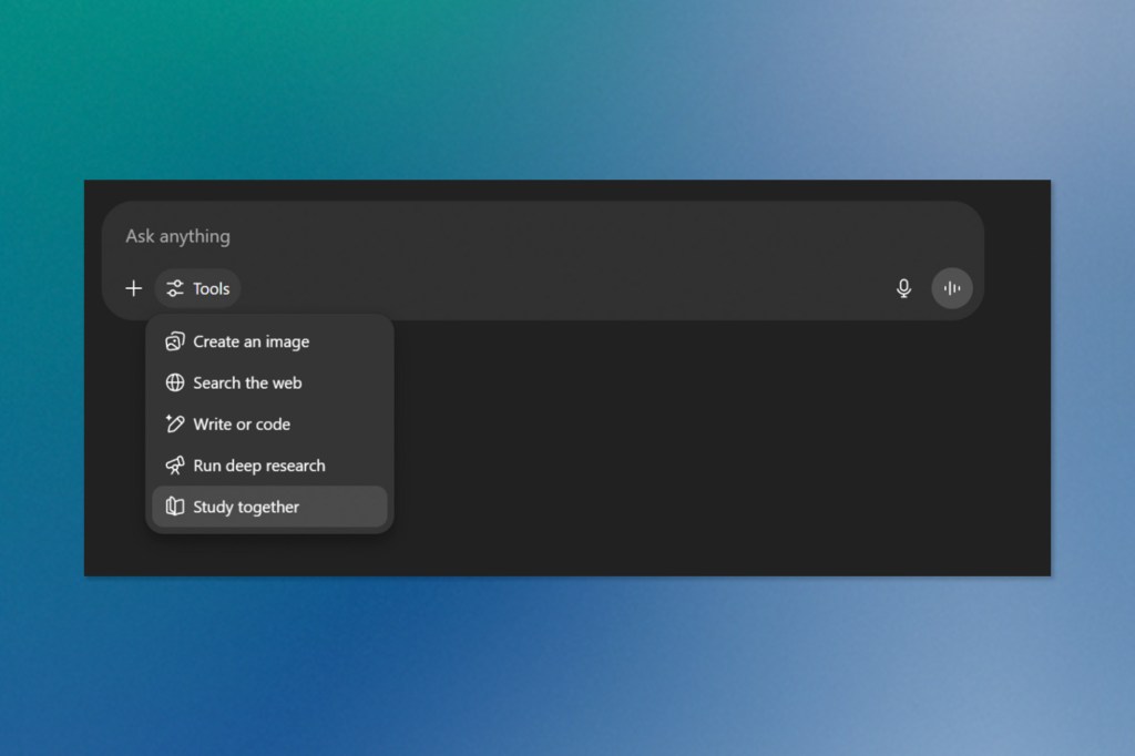 Screenshot of a dark-themed AI interface showing a dropdown menu under the “Tools” section, with options like “Create an image,” “Search the web,” and “Study together,” indicating OpenAI's expanding toolset for collaboration and research.