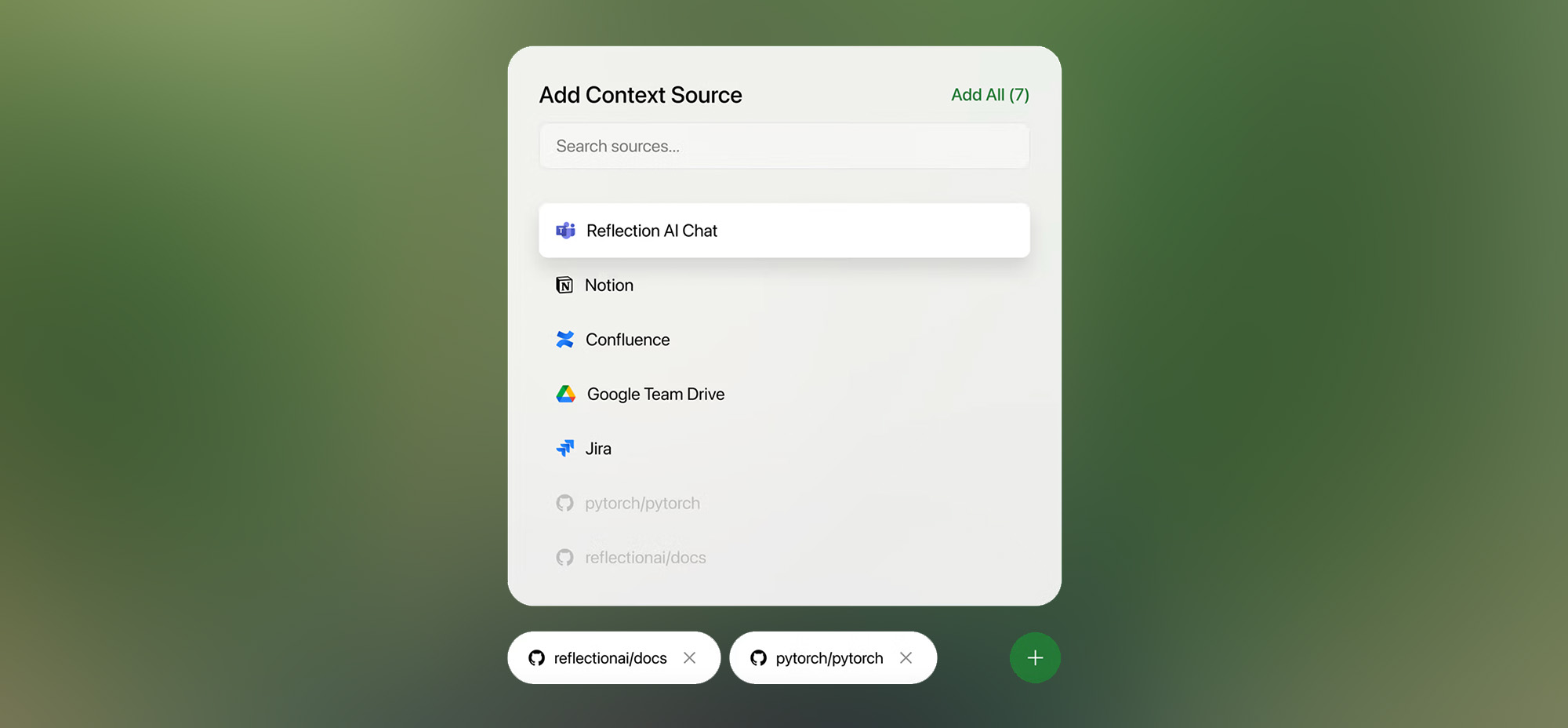 Interface showing a list of data sources to add for an AI assistant, including Reflection AI Chat, Notion, Confluence, Google Drive, and Jira, with GitHub repositories listed at the bottom.