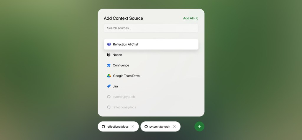 Interface showing a list of data sources to add for an AI assistant, including Reflection AI Chat, Notion, Confluence, Google Drive, and Jira, with GitHub repositories listed at the bottom.