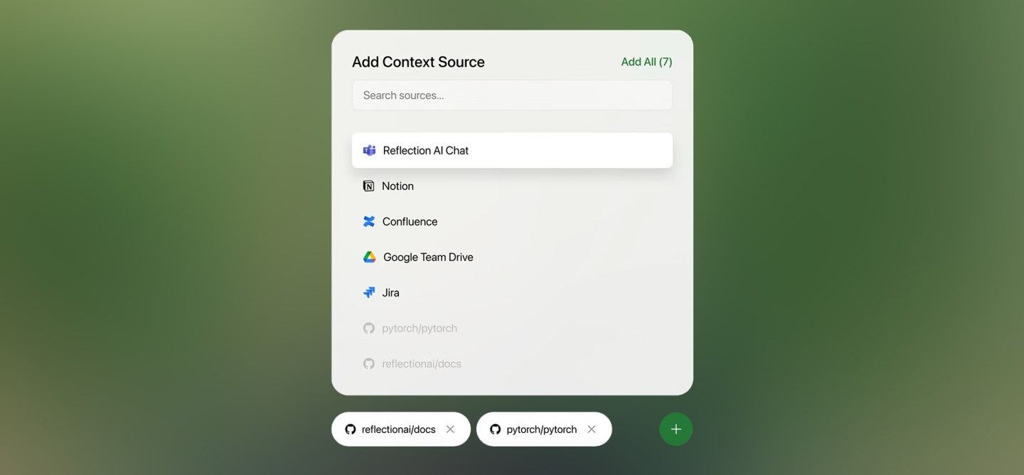 Interface showing a list of data sources to add for an AI assistant, including Reflection AI Chat, Notion, Confluence, Google Drive, and Jira, with GitHub repositories listed at the bottom.