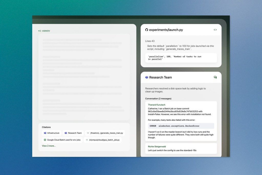 Dashboard view showing AI-generated research insights and Python script details, with citations from GitHub and chat snippets from a research team resolving a disk space issue.