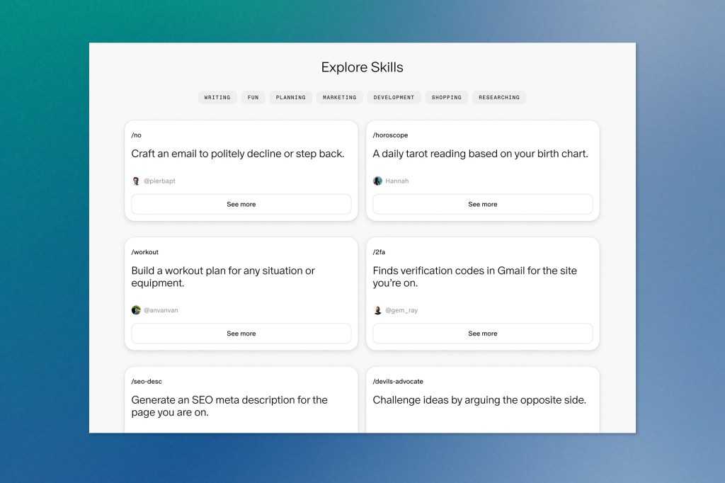 Grid of AI-powered browser commands or skills like writing a polite email, generating SEO meta descriptions, and building workout plans. Categories include Writing, Fun, Planning, Marketing, and more.
