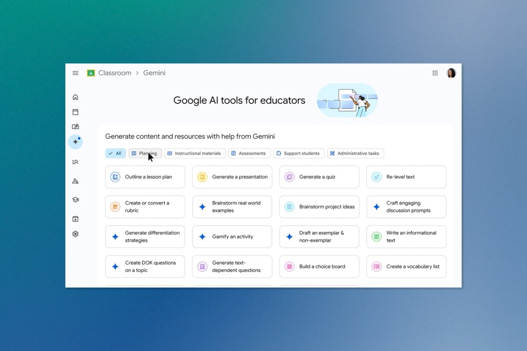 A clean UI shot from Google Classroom showing Gemini's AI tools for educators, such as lesson planning and quiz generation—great for discussions about AI in education.